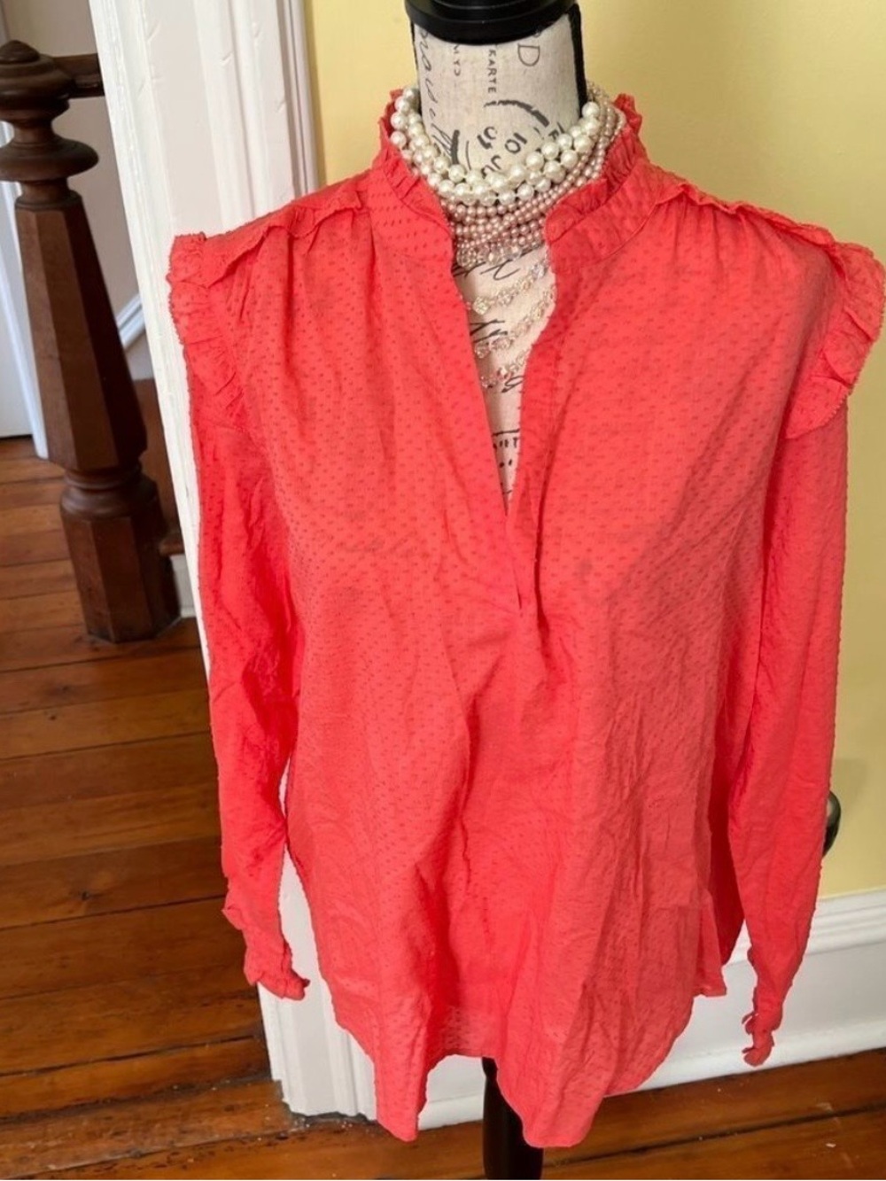 J Crew Women's Coral Ruffle-Trim Blouse - Lightweight Long Sleeve Top